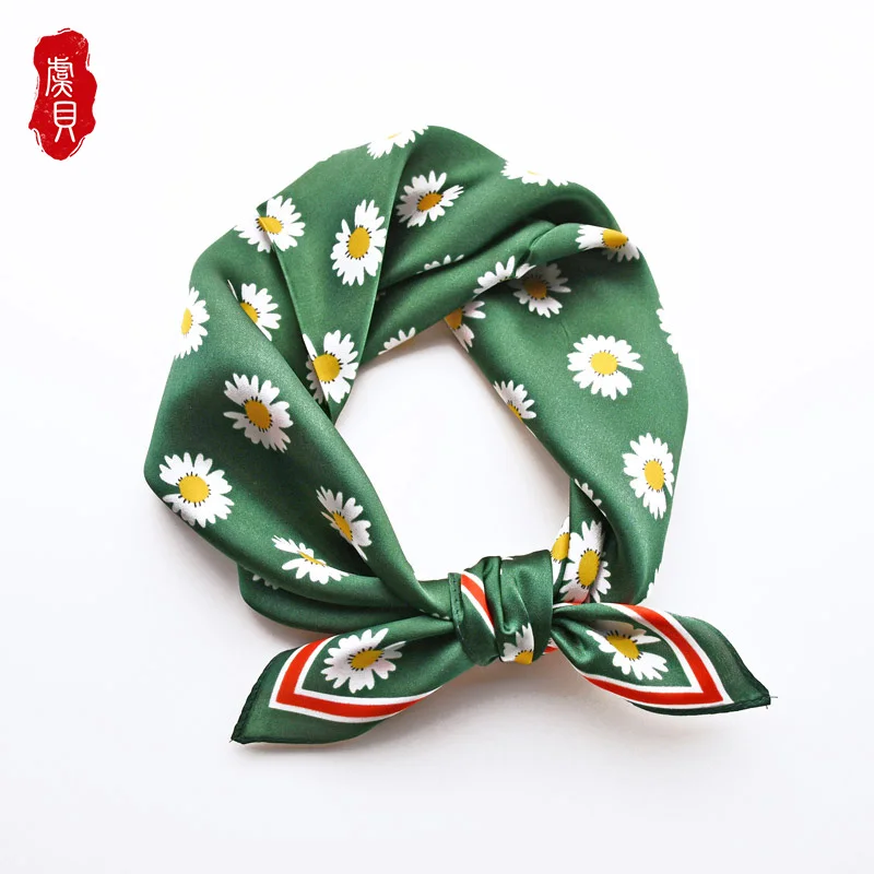 

green natural silk scarf printed daisy for women 100% real silk 50cm small square shawl neck scarves lovely gift for ladies girl