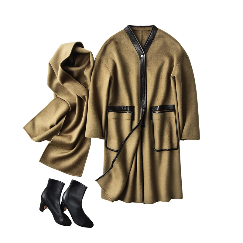 

SHUCHAN Korean Coats Women + Scarf Wool Cashmere Long Winter Office Lady Wide-waisted Covered Button Pockets Appliques