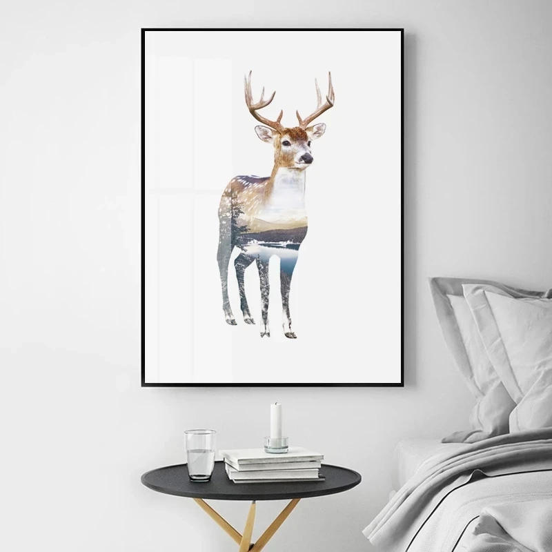 

Nordic Landscape Silhouette Deer Bear Owl Fox Animals Poster and Print Wall Art Pictures Modern Home Decoration Canvas Painting