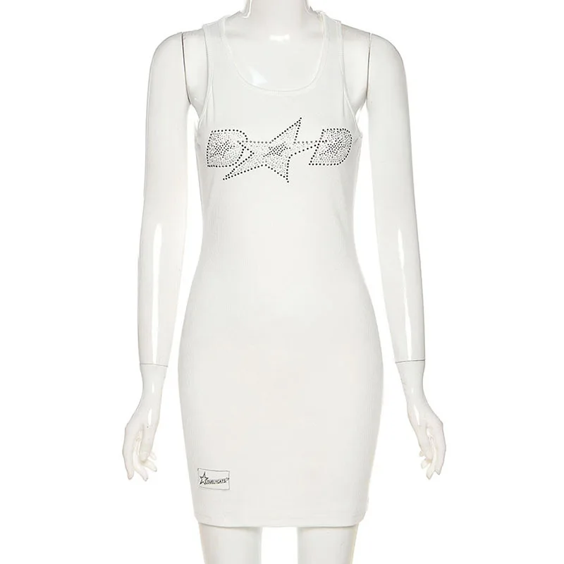 

Y2k Letter Hot Diamond Tank Skinny Mini Dress Women's 2021 Summer Fashion Sexy Sleeveless Backless Party Club Dresses Streewear