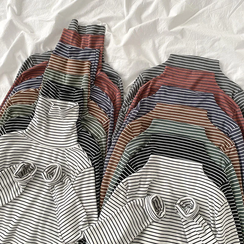 

Striped bottoming t-shirt new women's Korean style slim velvet warm long sleeve casual top turtle neck 2020 spring autumn tee