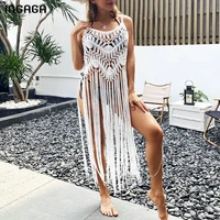 ingaga knitted beach dress sexy dresses woman summer 2021 hollow out swimsuits woman tassel cover up solid swimsuit cover up