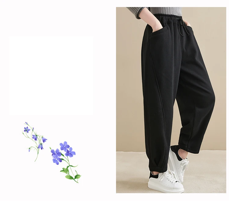 Winter New Trendy Warm Fleece Thick Oversize Loose Casual Trouser Women Solid Color Elastic Waist Versatile Premium Sweatpants