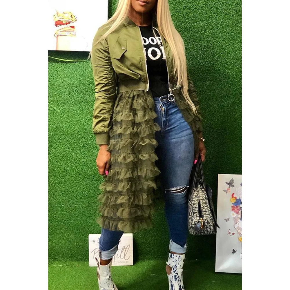 Женская сетчатая длинная куртка пачка на молнии с длинным рукавом|Женские