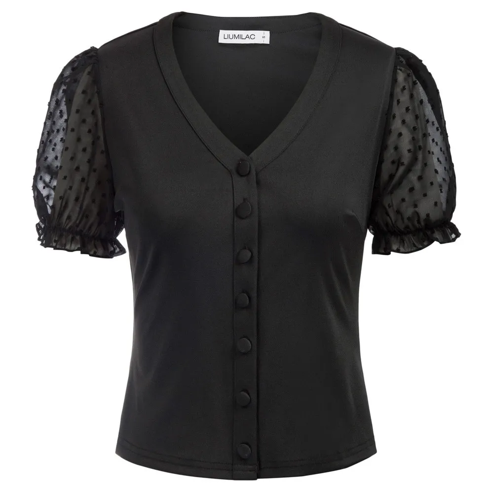 

Summer Women Shirts See-Through Chiffon Sleeves Patchwork Polkad Buttons Tops Leisure Young Lady Blouse Short Sleeves V-Neck Top