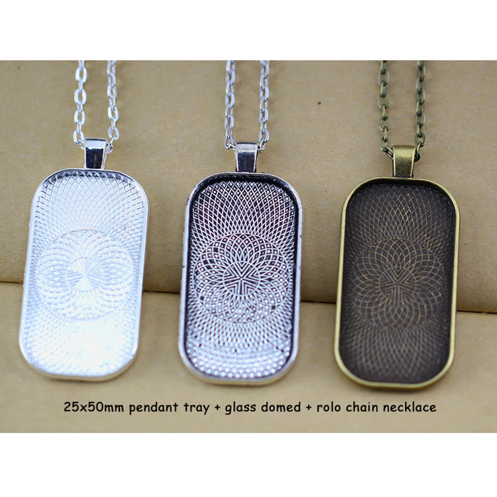 

10Sets Pendant Necklace Blank Setting 25x50mm Rectangle Cabochon Blank+3x4mm 24'' Oval Link Chain+25x50mm Clear Glass Domed DIY