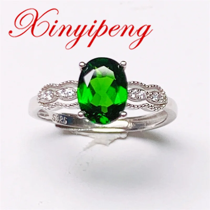 

Xin Yipeng real S925 sterling silver plated white gold inlaid natural green diopside ring fine anniversary gift for women