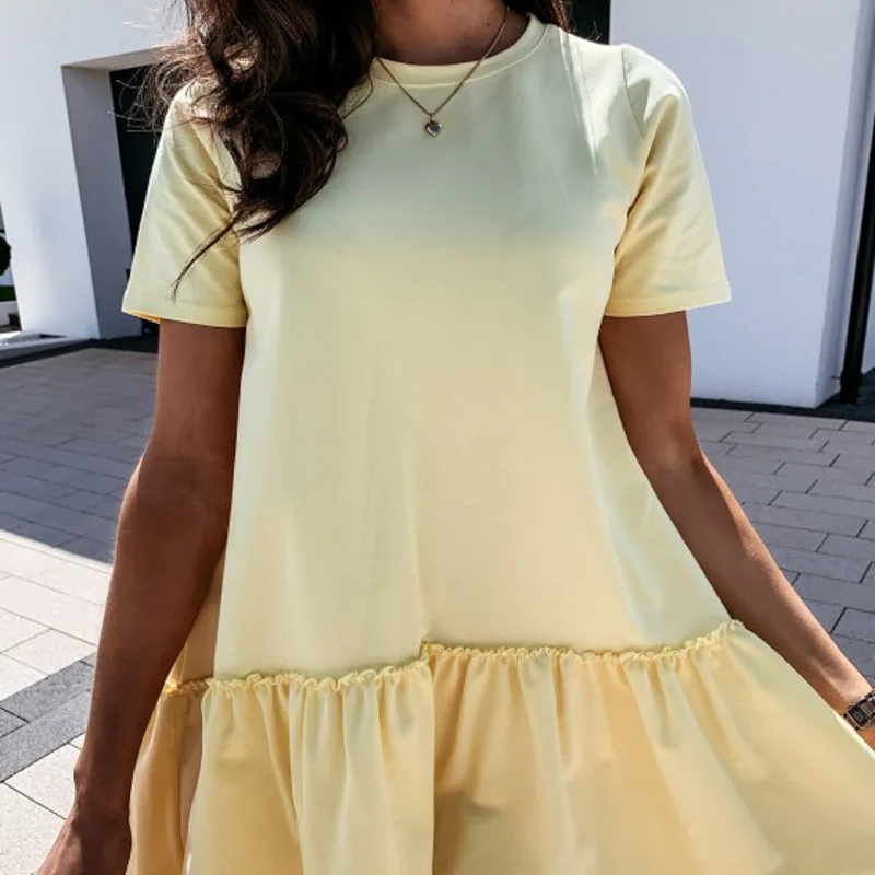 Повседневное женское платье KAMUCC с круглым вырезом и оборками однотонное