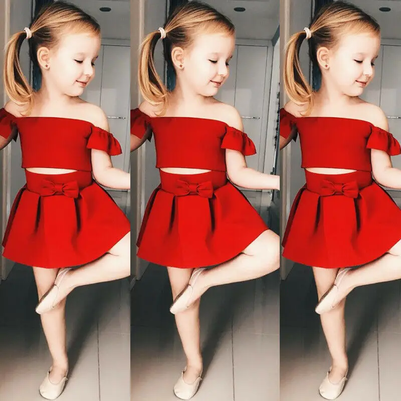 От 0 до 4 лет красный топ с открытыми плечами и юбка бантом детская одежда для