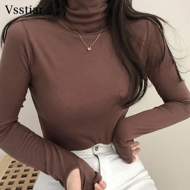

Vsstiar Turtleneck Bodycon Women Shirts Fashion Streetwear Basic Long Sleeve Brown Top Casual Spring Solid Tees T-Shirt