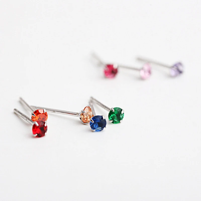 

100% Real 925 Sterling Silver Jewelry Women Fashion Cute Tiny Four Claws Mix Crystal CZ Stud Earrings Gift for Girls Oorbellen