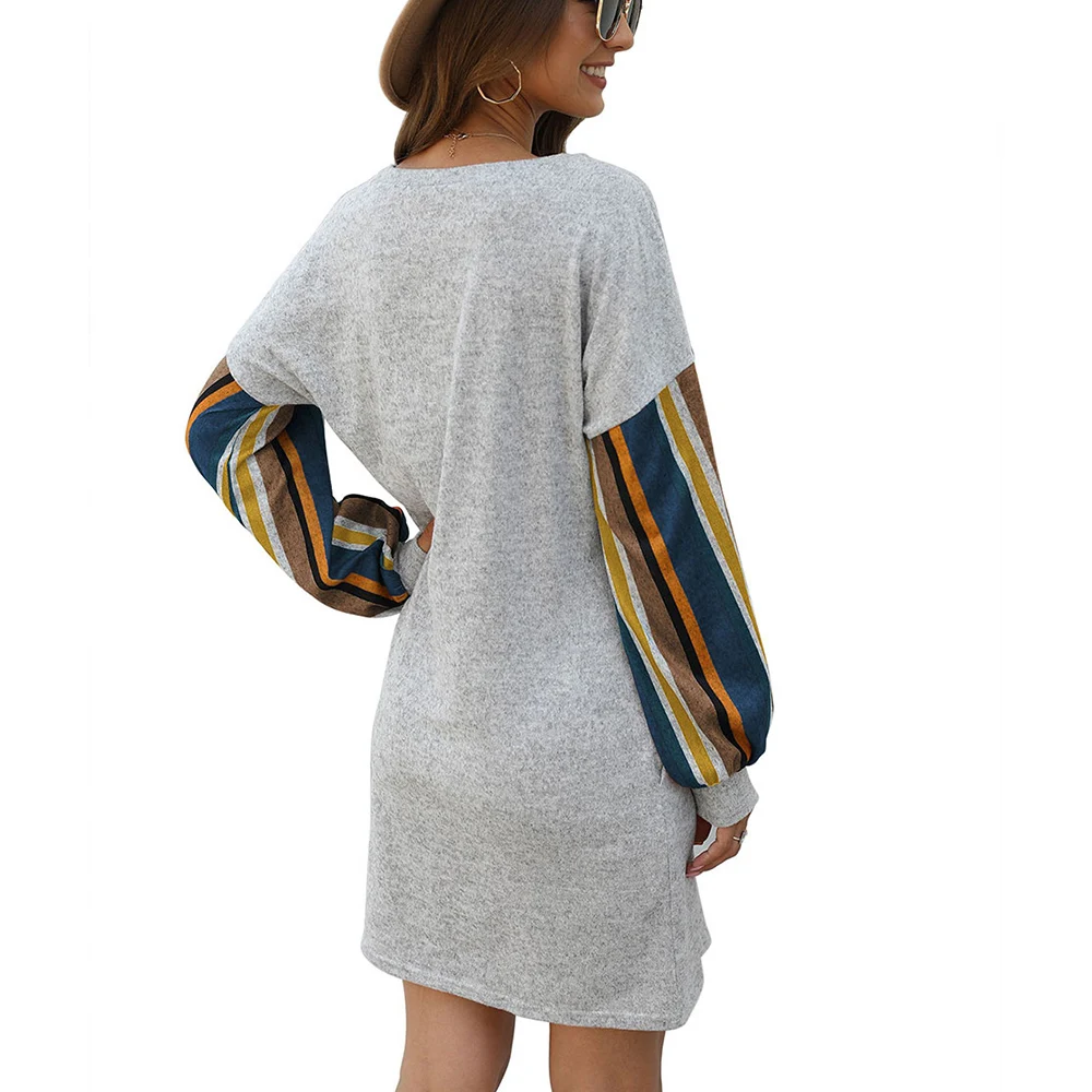 

Women Dress O Neck Loose Stitching Straight Dress Ladies Casual Dress Colorful Striped Long Sleeve Pocket Dress Spring