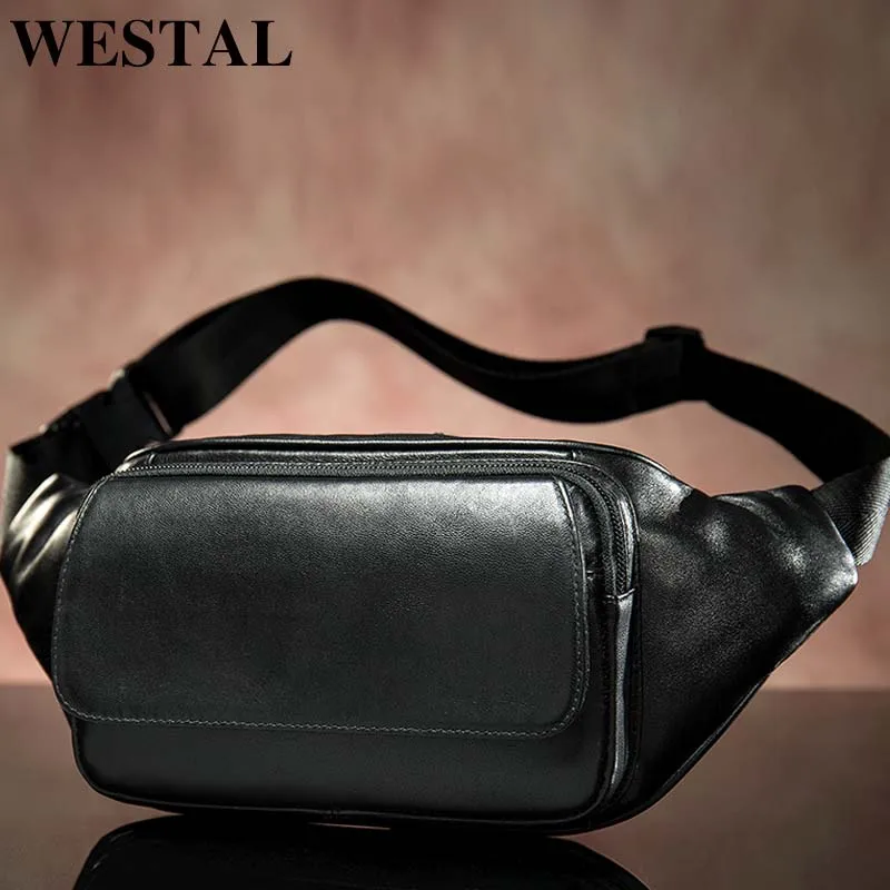 WESTAL Sheep Genuine Leather Men's Waist Bags Belt Men Waist Pack Male Fanny Pack Black Small Hip/Bum Bag Leather Waist Bag 8917