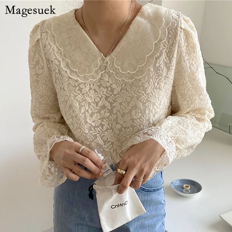 

Spring Lace Crochet Korean Women Tops Flared Long Sleeve Double Layer Doll Collar Blouse Women Apricot Shirt Blusas Mujer 14402