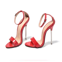 plus size 13 red leather high heel sandals ankle strap open toe metal heels dress shoes cut out 13cm party banquet shoes