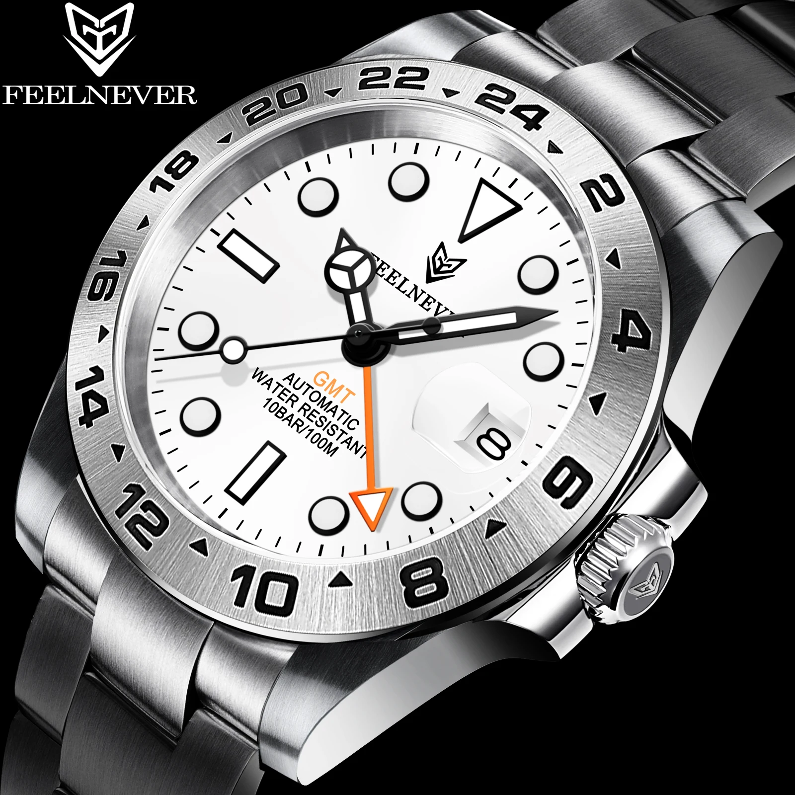 

Мужские автоматические механические часы GMT Reloj Hombre 2021 FEELNEVER, часы 41 мм из нержавеющей стали с сапфировым стеклом, водонепроницаемые часы + ко...
