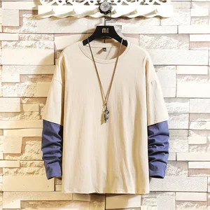 Футболка мужская в стиле оверсайз, модная тенниска из двух предметов, с длинным рукавом, с круглым вырезом, повседневная майка, осень 2020