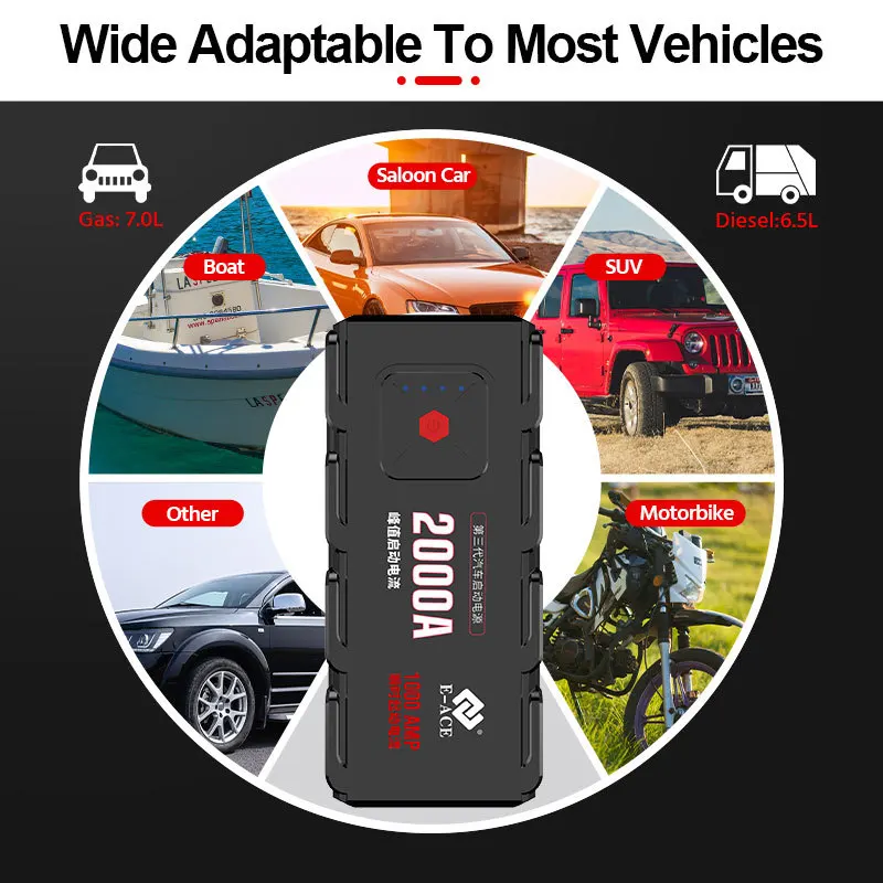 e ace 2000a car jump starter portable power bank 7l6 5l emergency car booster device phone charge starter power for suv vehicle free global shipping
