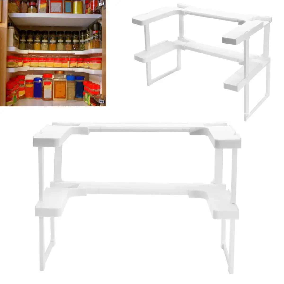 

2 Layers Adjustable DIY Kitchen Storage Shelf Kitchen Cabinet Cupboard Organizer Spice Rack Countertop Organizer Storage Gift