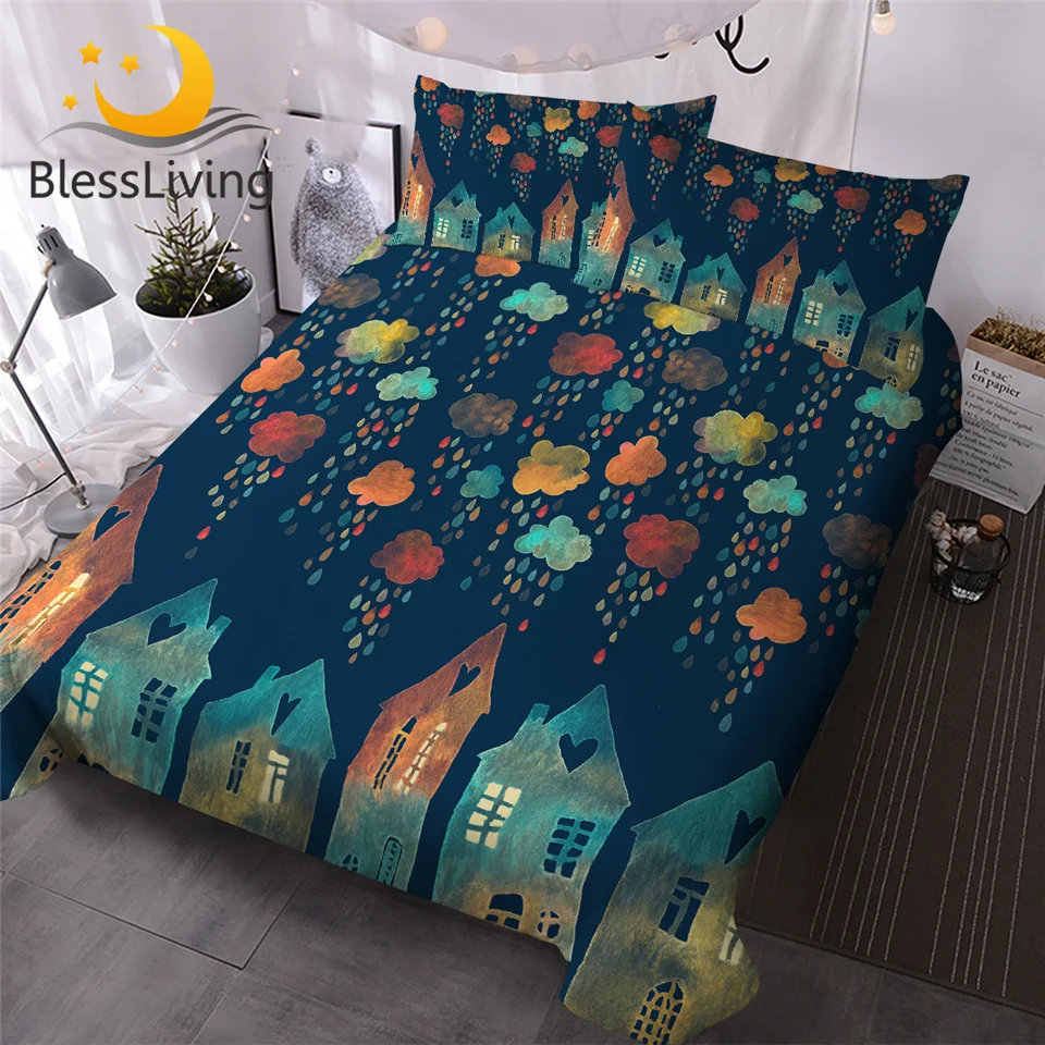 

BlessLiving Fairy Tale Bedding Set Cartoon Houses Comforter Cover Kids Bed Cover Queen Colorful Rainy Clouds Bedlinen Dropship
