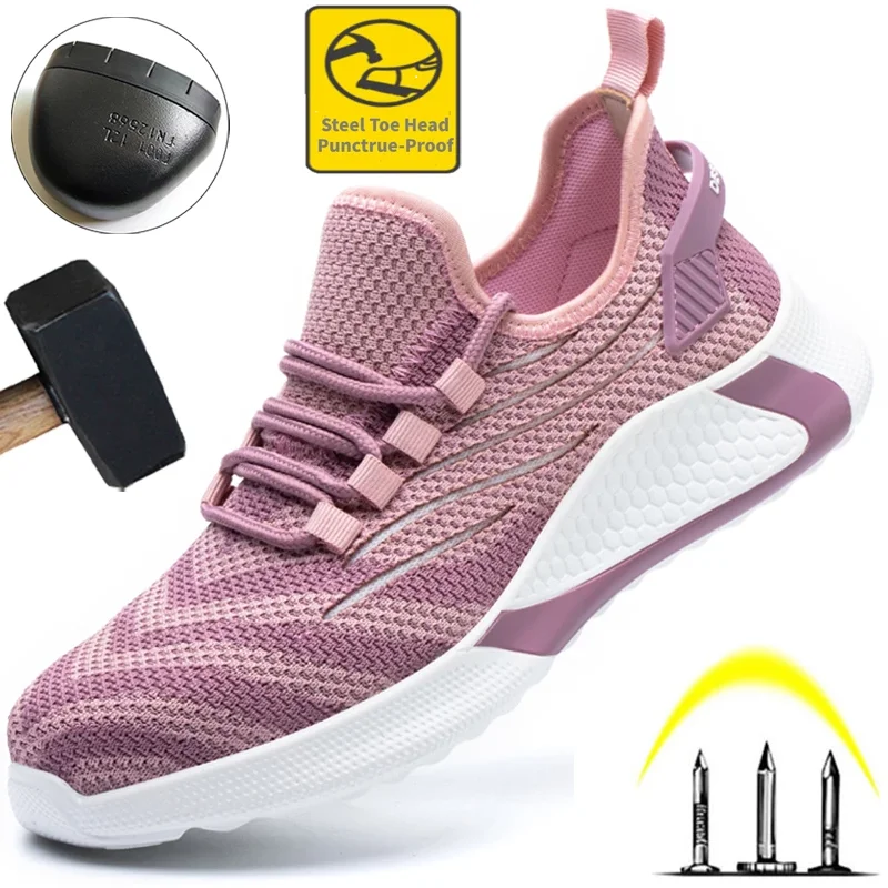 

Breathable Work Safety Shoes Women Pink Work Shoes Sneakers Men Puncture-Proof Protective Shoes Unisex Lightweight Safety Shoes