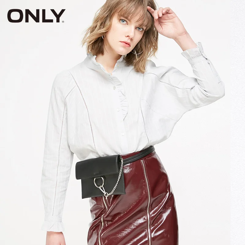 ONLY spring Women's Loose Fit 100% Cotton Ruffled Long-sleeved Shirt | 119105506