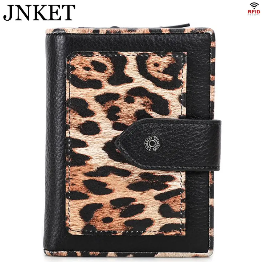 

JNKET RFID Fashion Women's Cow Leather Leopard Wallet Ladies Purse Short Wallet Billfold Coins Purse Card Holder Notecase