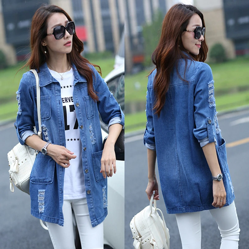 

Women Elegant Vintage Frayed Jacket Slim Ripped Denim Jacket Femme Basic Jeans Coats Long Jeans Jacket Casacos Feminino