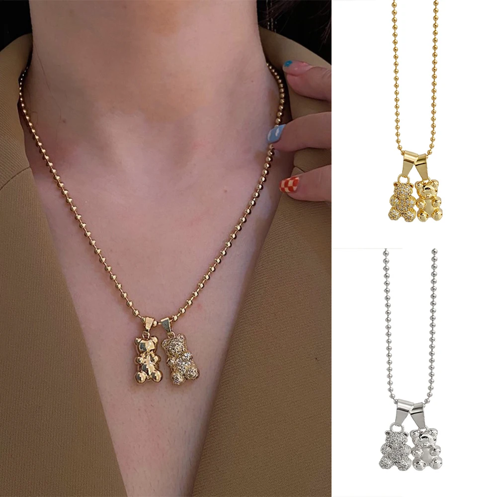 

Gold Silver Color Crystal Metal Bear Pendant Stainless Steel Chain Necklaces For Women Punk Heart Chain Necklace Hip Hop Jewelry