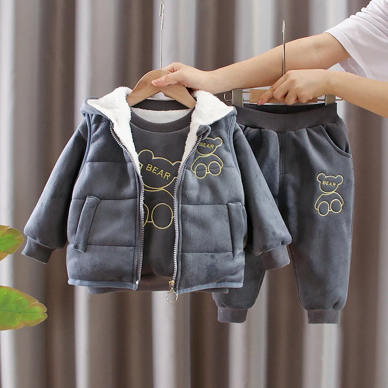 

Детские зимние комплекты с бархатной подкладкой, детская верхняя одежда, Свитшот и штаны, комплект из 3 предметов, модная одежда для маленьк...