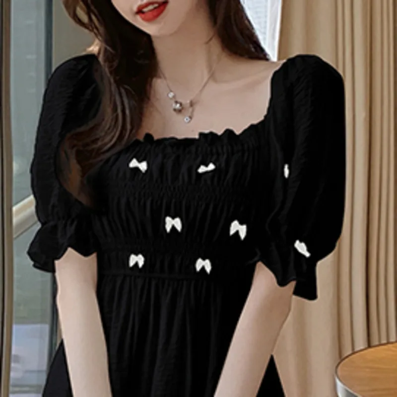 

New 2021 Summer Women Dresses Sexy Slash Neck Pleated Chiffon Dress Ladies Vintage Bow Loose Vestidos De Mujer Female Print Robe