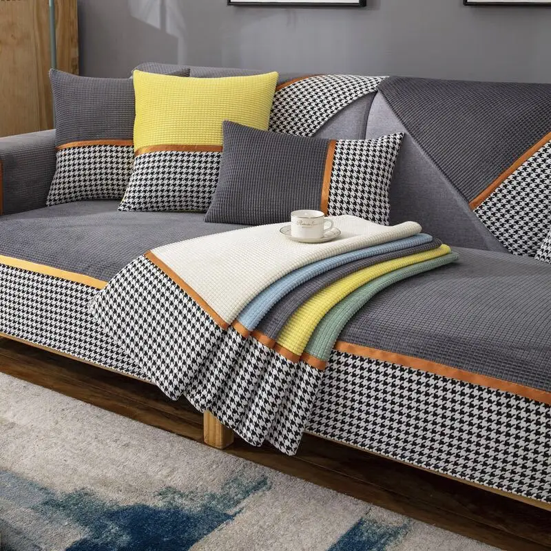 

Corn fleece houndstooth sofa cushion Anti-slip leather sofa slipcover plush Skin-friendly custom Double Corner sofa sofacover