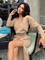 tawnie casual women midi dress sets 2021 winter sexy v neck long sleeve sweater splite skirts knitted suit fashion female set