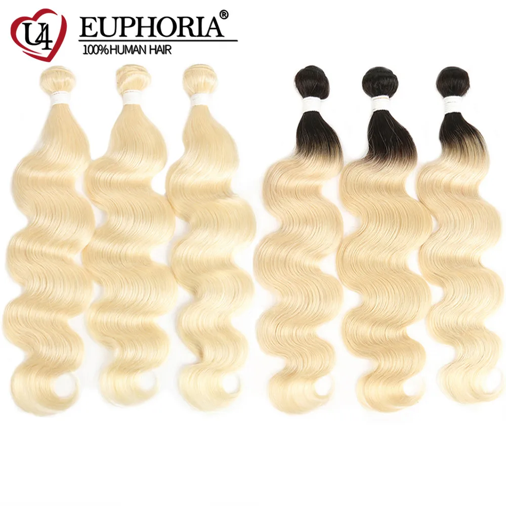 

Ombre Blonde 1B 613 Color Brazilian Remy 100% Human Hair Blonde Body Wave Hair Bundles 1/3/4 Pcs Weaving Extensions EUPHORIA