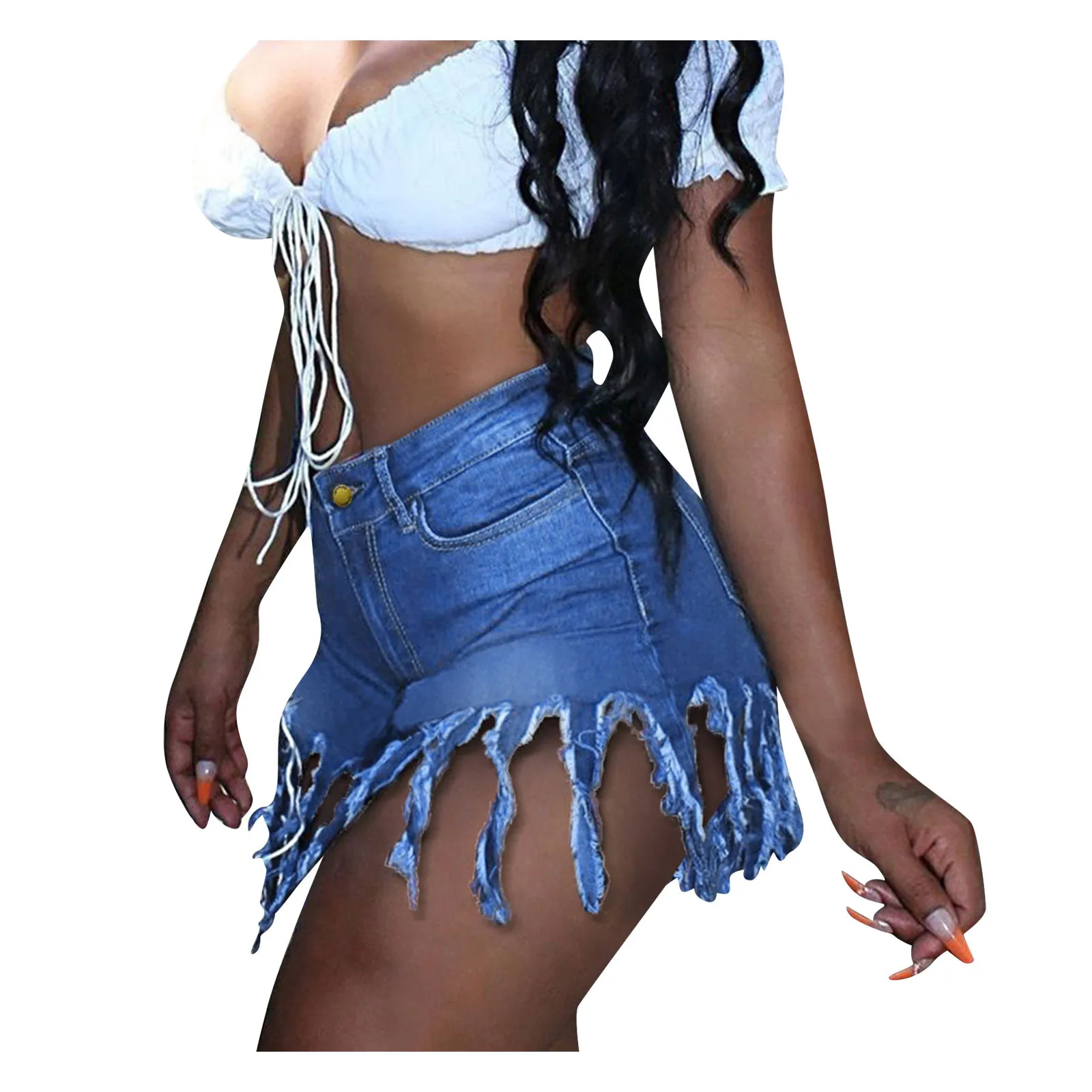 

TELOTUNY Women's Denim Shorts Summer Casual Frayed Tassel Ripped Short Jeans Fashion Soild Color Demin Short Pants With Pocket