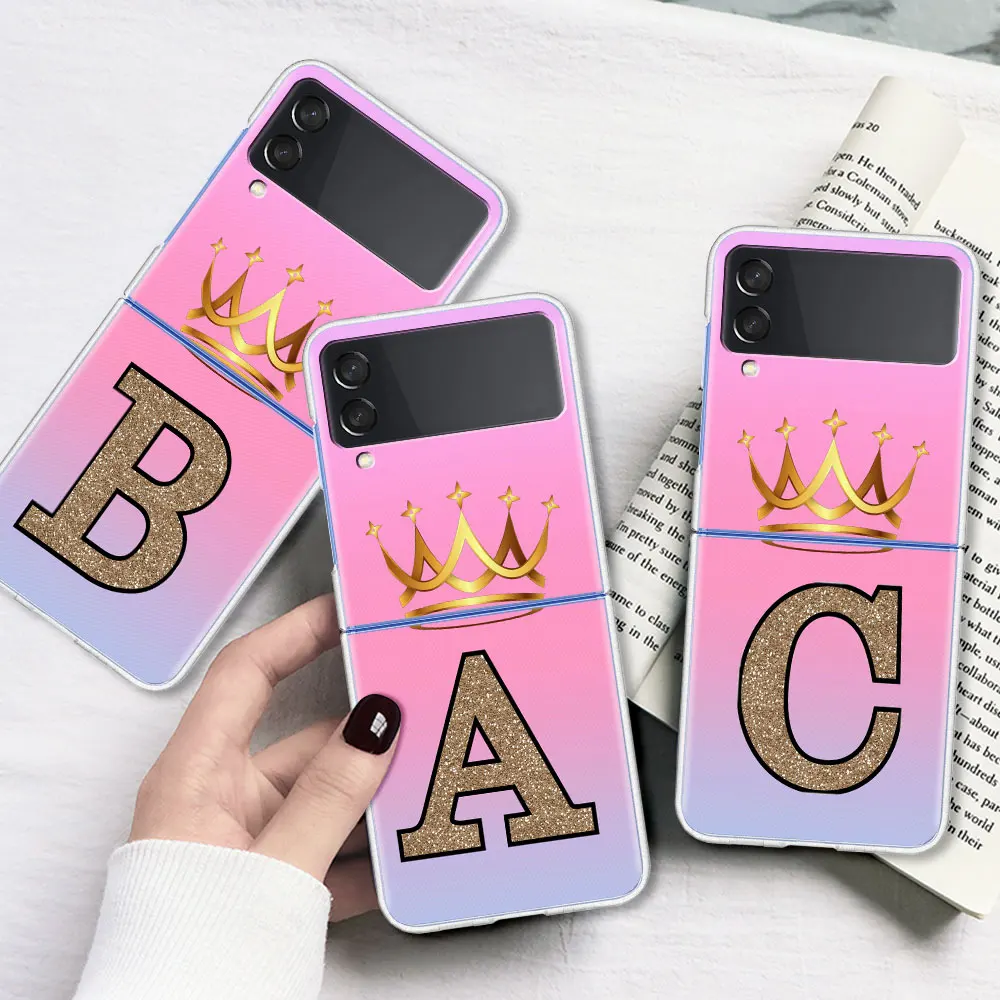 

Clear Phoone Case for Samsung Z Flip3 5G Hard Cover For Galaxy Z Flip3 PC Phone Capa for Z Flip 3 Crown Letter