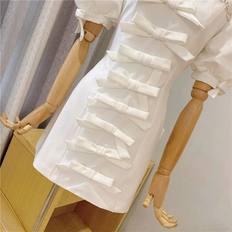 

New Arrival Fashion 2021 Women Summer Dress Short Sleeve Diamonds Chains Mesh Spliced Bow White Casual Mini Dress
