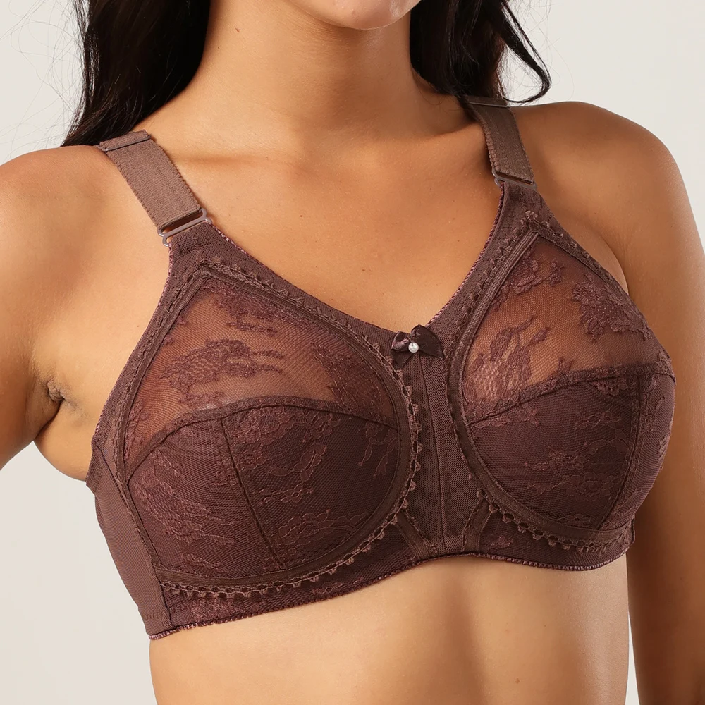 Unlined Women Bra Embroidered Bras Large Chest Lace Semi-Perspective Lingerie Brassiere UnderwearTops Plus Size 36-50 B C D DD E