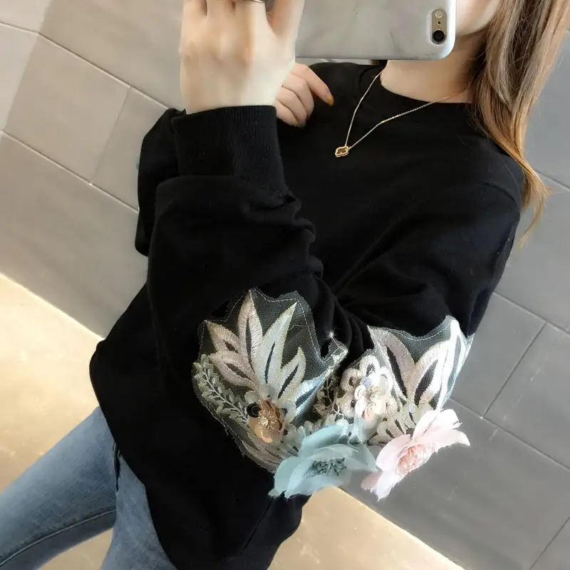 

Thicked Flower Embroidery Hoodies O Neck Long Sleeve Ins Warm Sweatshirt Autumn Spring 2020 New Solid Ladies Top