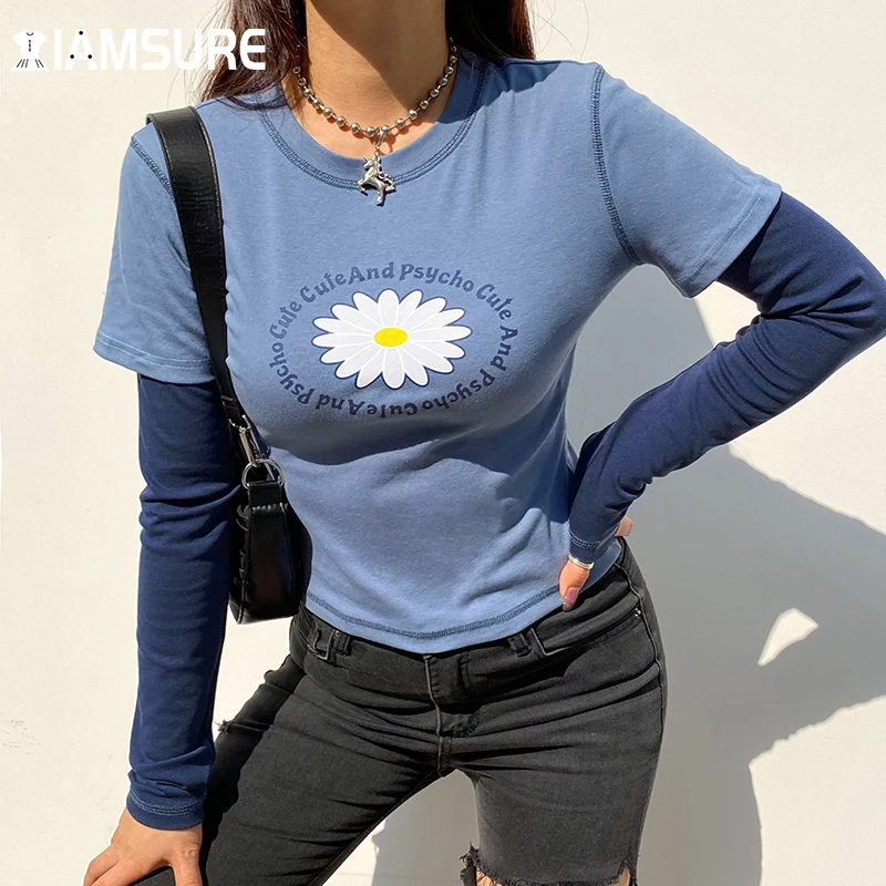 

Graphic Tees Harajuku E-girl tops Flower Print Cute T-shirts Y2K Women Blue Vintage 90s Aesthetic Patchwork Long Sleeve Clothes