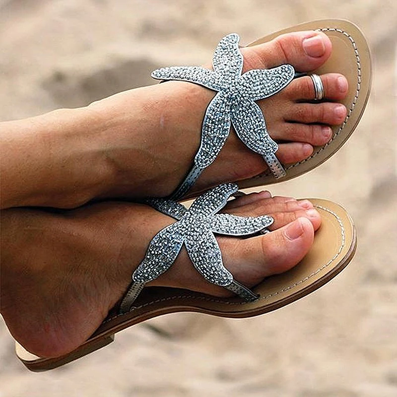 

New Summer Starfish Crystal Flip Flops Women Leisure Flat Flip Flops Beach Sandals Women Clip Toe Non-slip Shoes Claquette Femme