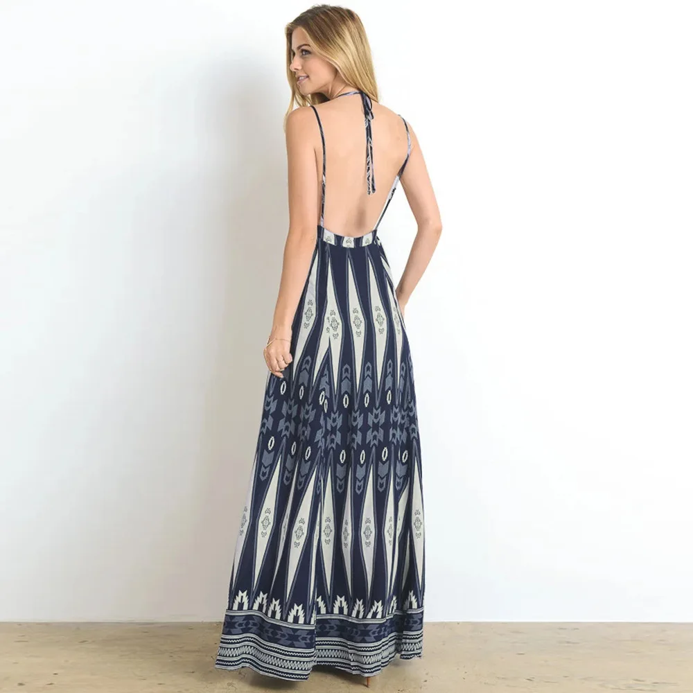 

New Summer Women Sexy Backless Ankle-length Dresses Charming Halter Lace-up Sleeveless A-line Striped Printing Bohemian Dress