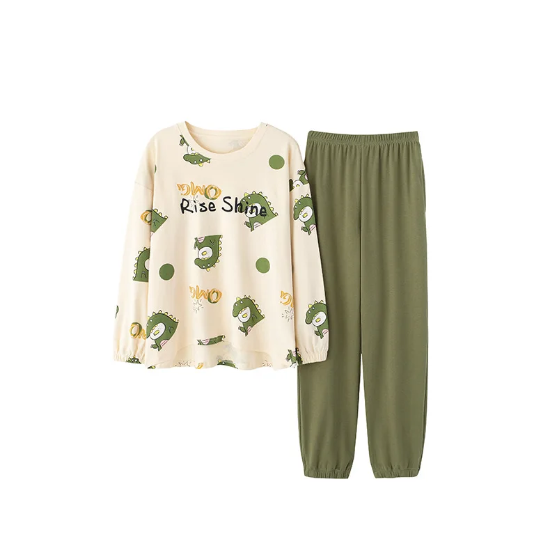 

Autumn winter women's cotton pajamas long sleeve lovely dinosaur home wear loose and comfortable two-piece Pajama Set JJF0091