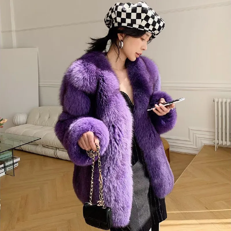 Натуральное финское импортное пальто из лисьего меха, теплые куртки из натурального цельного меха, женская зимняя одежда фиолетового цвета