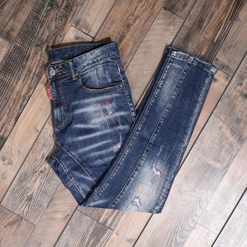European American Street Fashion Men Jeans Retro Blue Elastic Slim Ripped Jeans Men Spliced Designer Hip Hop Denim Punk Pants