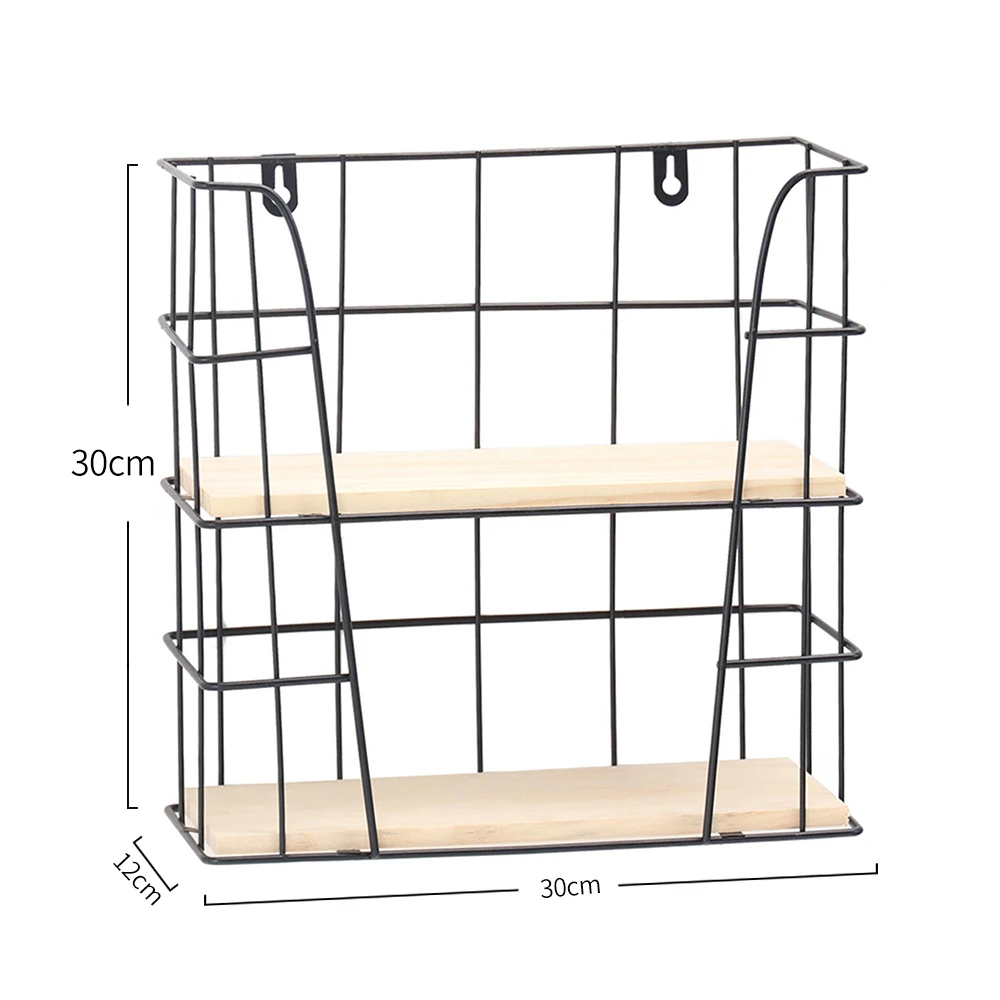 

2-Tier Wood Wall Shelves Hanging Geometric Vintage Style Floating Metal Wall Mounted Shelves For Living Room Bedroom Decoration