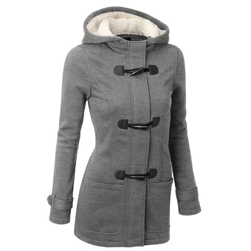 

Plus Size Women Cotton Horn Button Slim Casual Coat Winter 2021 New Parkas Long Sleeve Warm Jacket Grey Solid Hood Pocket Coat