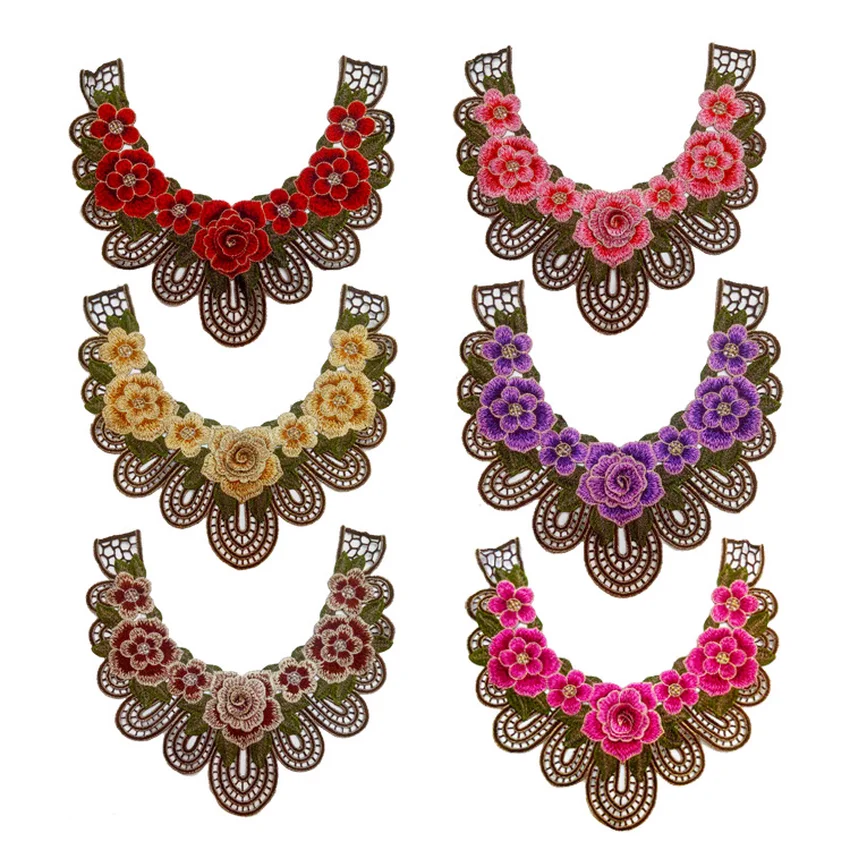 

New Arrival Blue Rose Floral Flower Lace Embroidered Venise Neckline Neck Collar Trim Clothes Sewing Accessories Applique Patch