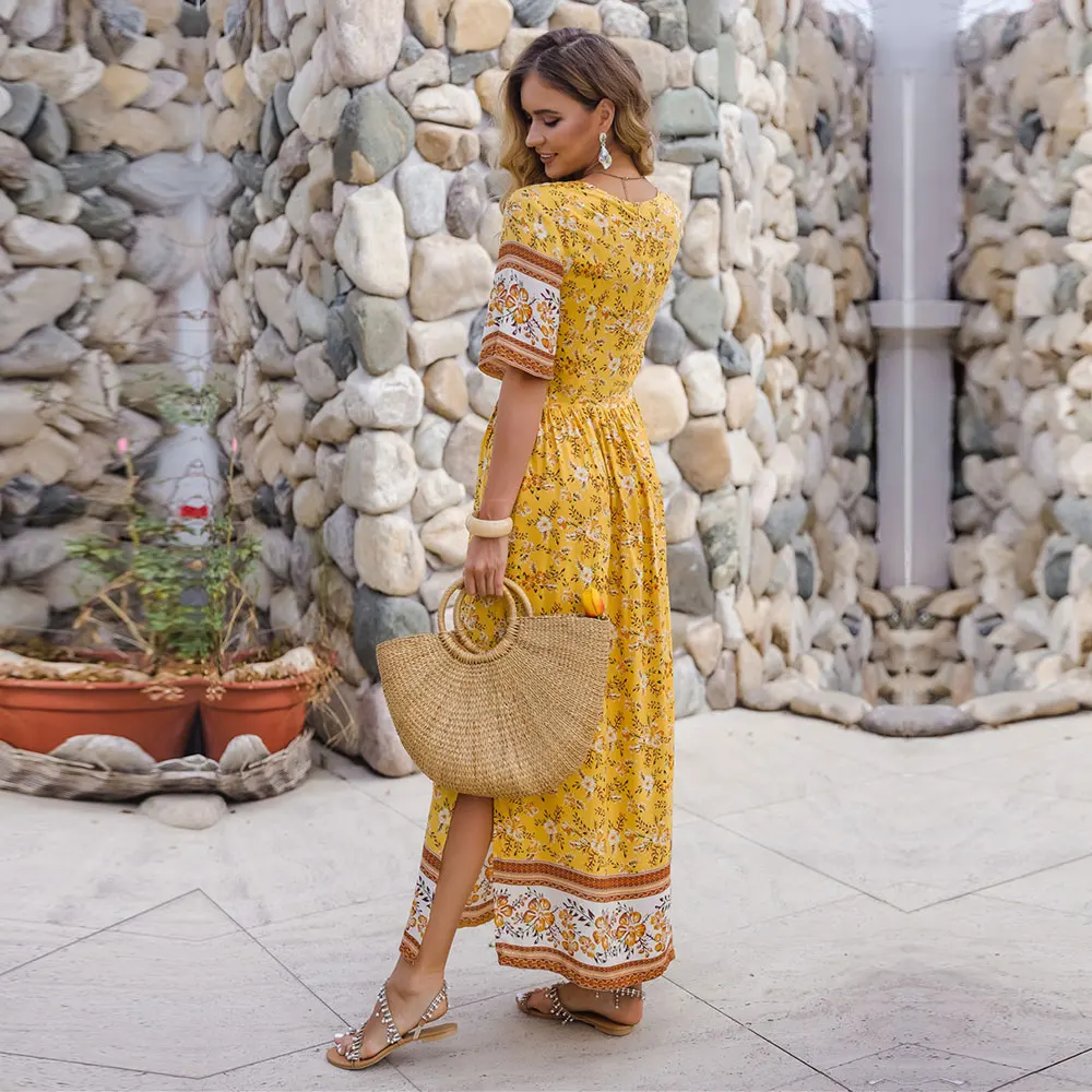 

2021 Spring Summer Beach Dress Women Casual V Neck Short Sleeve High Waist Pleated Print Long Dresses Ladies Yellow