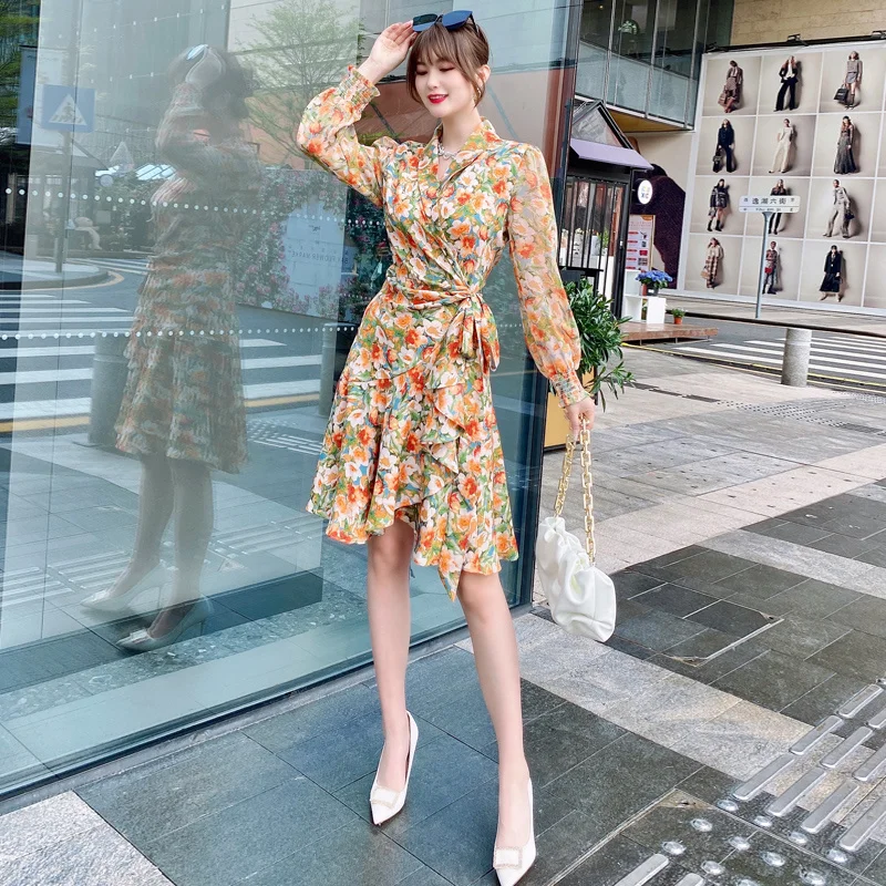 

Fashion Summer New Women'S Casual Holiday Party Elegant Asymmetry Ruffle V-Neck Floral Print Long Sleeve Mini Dress